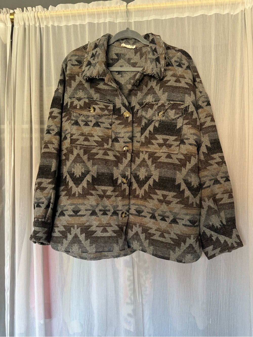 Neutral Aztec Wool-Blend Button Front Jacket - Gray/Brown